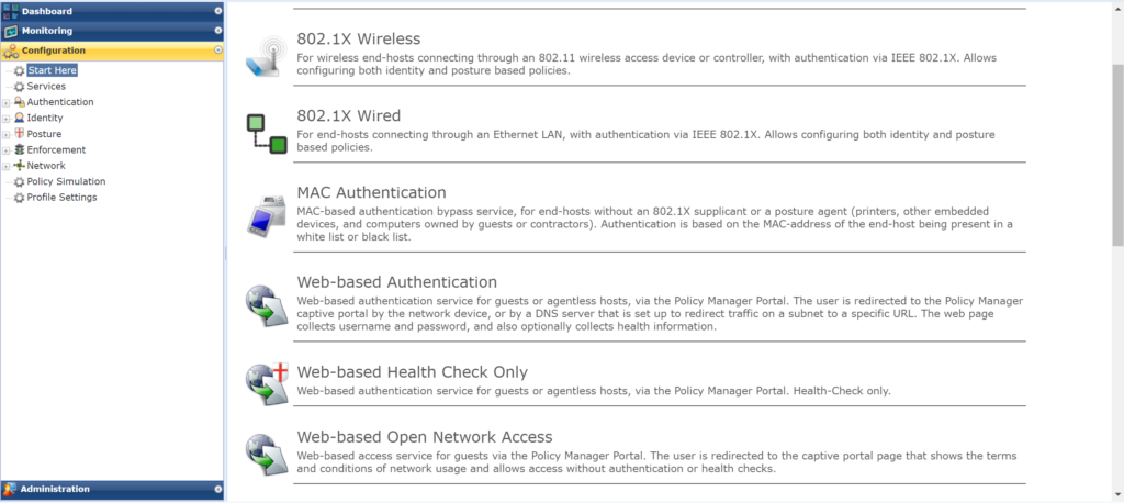 Examples of some of the “Start Here” configuration wizards in a popular NAC product.